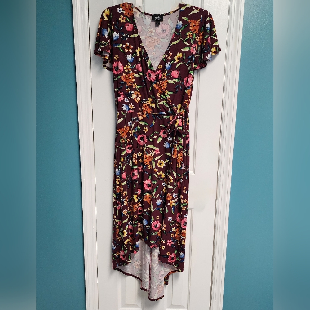 Wine Color Dress with Flower Pattern -Size XXL